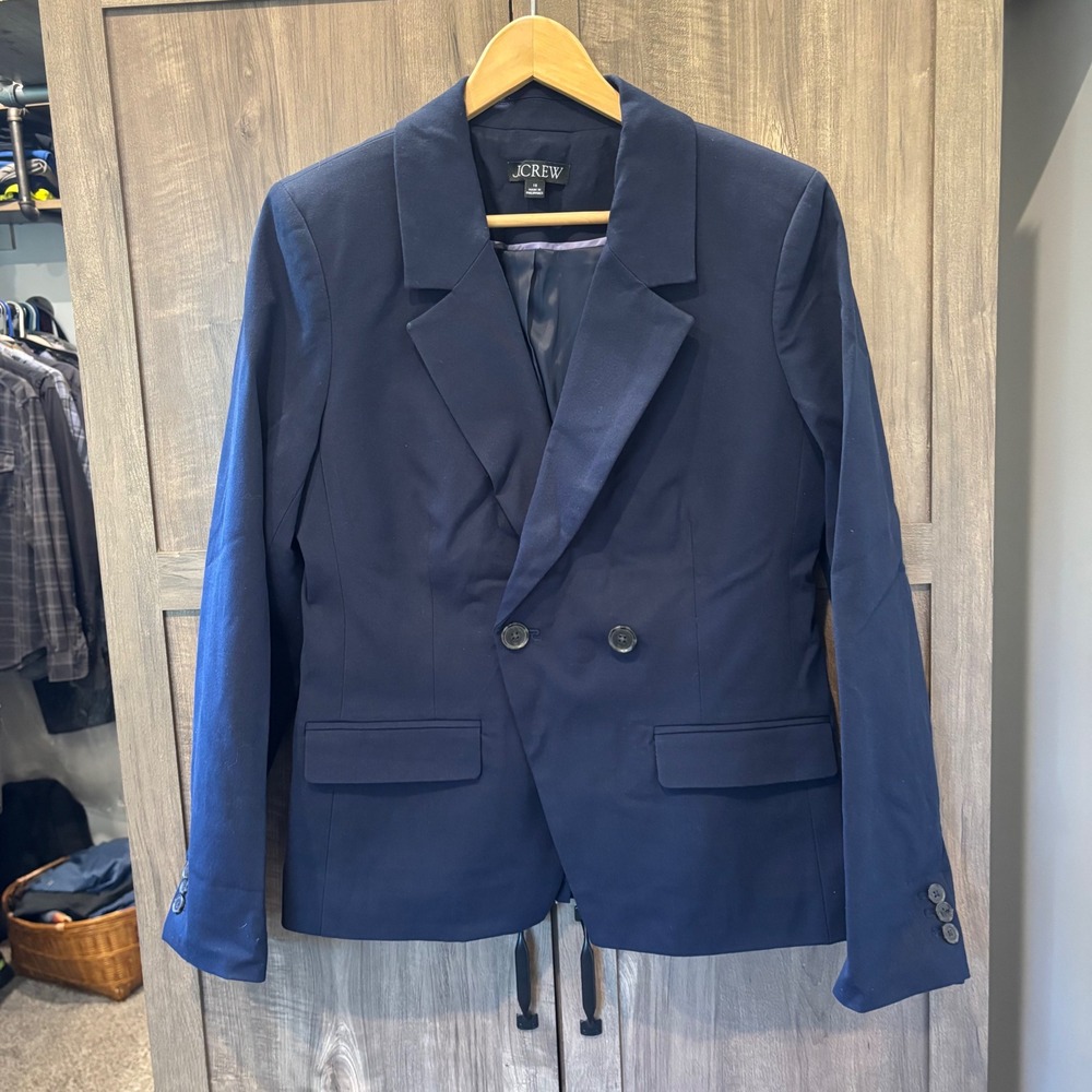 J.Crew Navy Blue Double Breasted Blazer Jacket Stretch Size 10 Cotton Blend